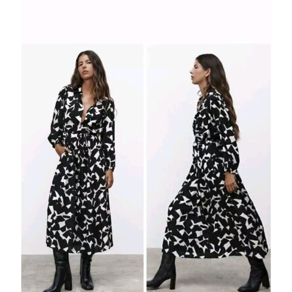 NEW Zara Emilie Dress Women Sz S Black White Pattern Button Up Pockets Dress